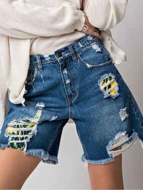 NWT easel Blue Distressed Denim Shorts with Yellow Patch Accents